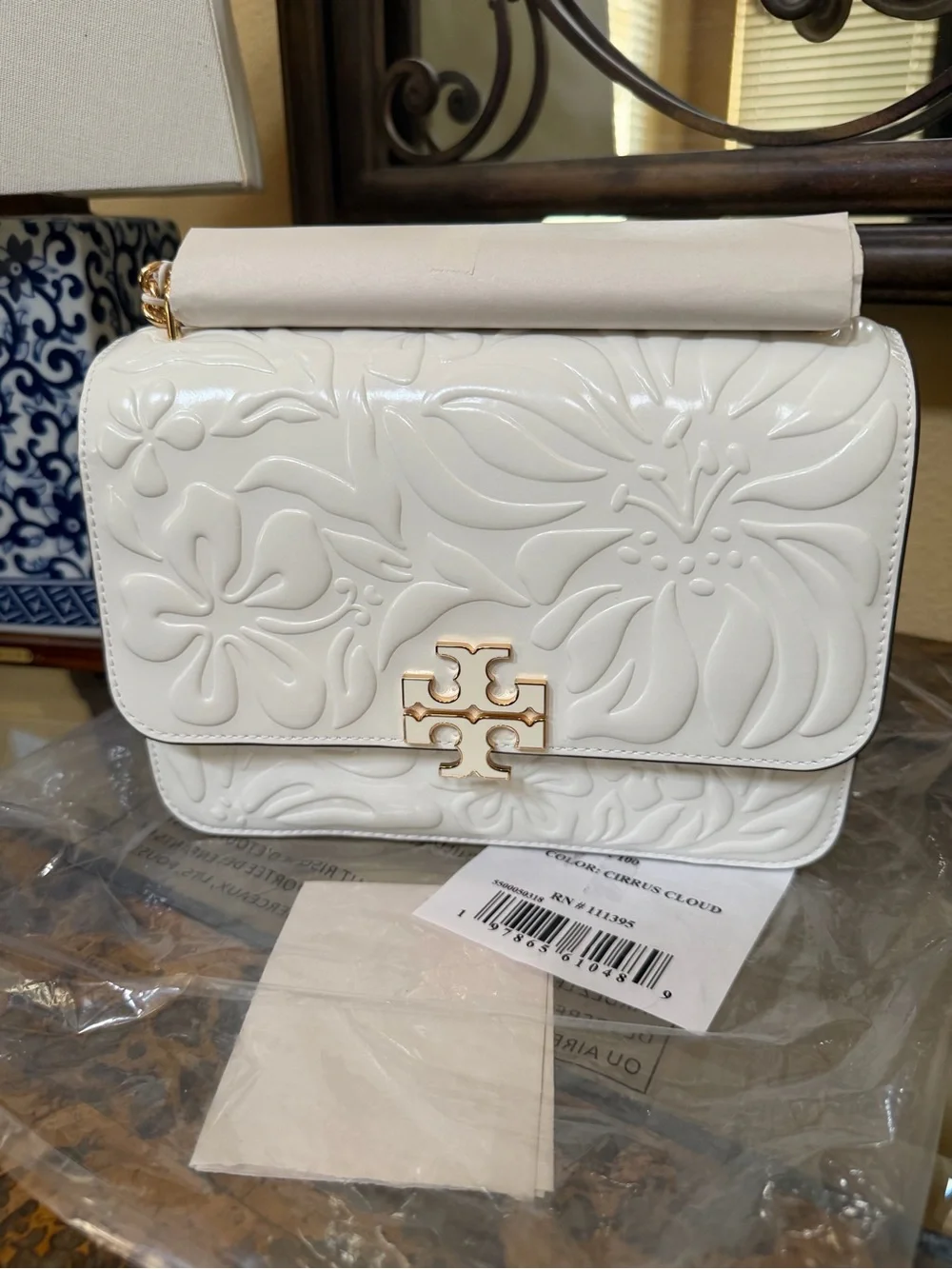 Tory Burch White Floral Embossed Leather Chain Shoulder Bag